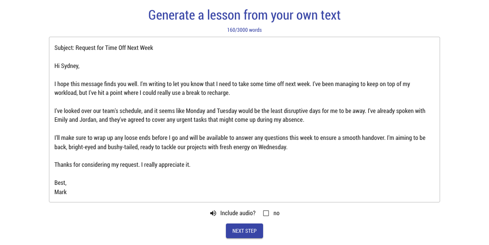 Lesson text input